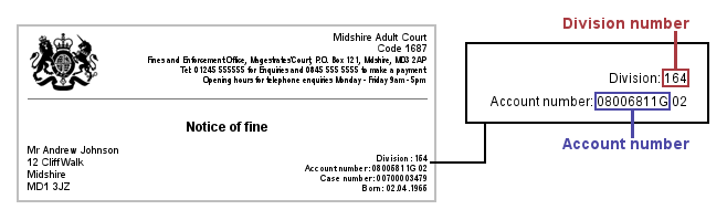 Position of the Division and Account numbers on the 'Notice of Fine' or 'Order' letter